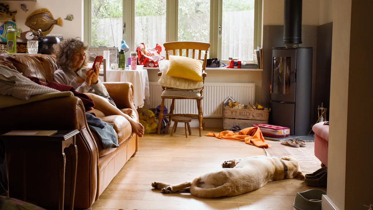 A dog stretched out asleep on a living room floor while its owner reads on the couch